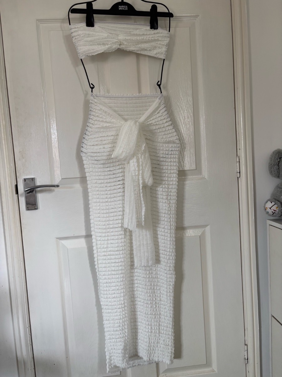 Womens White Lace Bikini Cover Up Co-Ord Set Size XS - Bandeau Twist Top + Tie Maxi Skirt Dress - Be