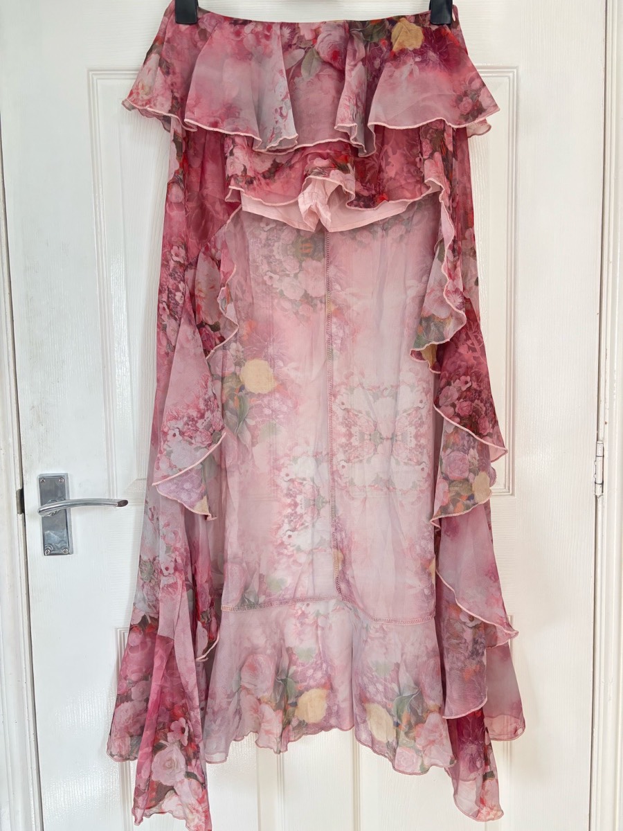 Pink Floral Ruffle Maxi Skirt S UK 8 10 Chiffon Festival Boho Sheer Frill