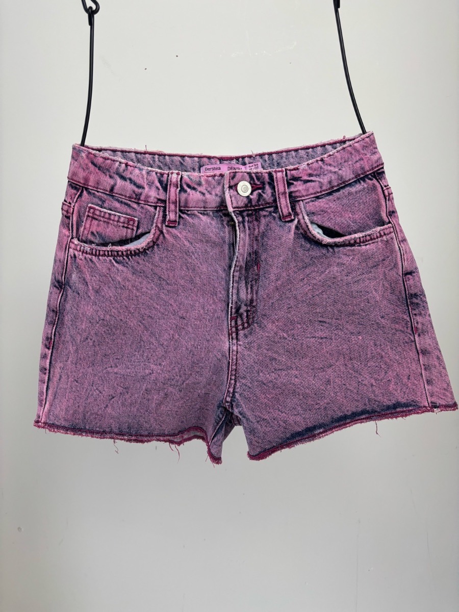 Bershka Pink Acid Wash Denim Hot Pants Shorts Size UK 6 EU34 Festival