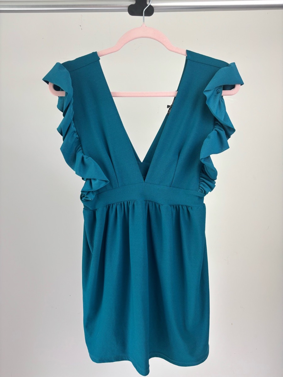 I Saw It First Teal Ruffle Sleeve Mini Dress UK 8 BNWT Plunge Skater Party