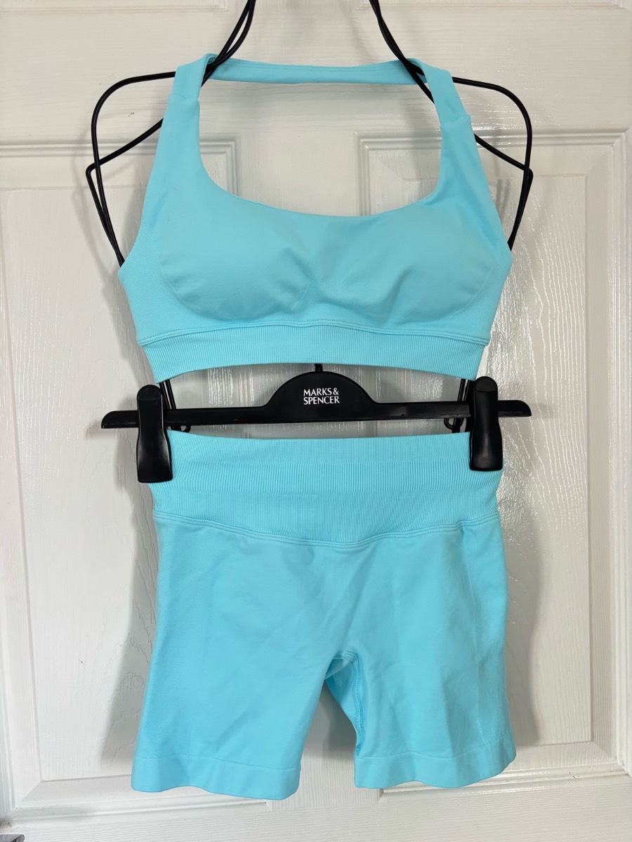 Womens Blue Gym Set - Halter Neck Sports Bra + Scrunch Bum Biker Shorts - Size S/M - High Waisted 2