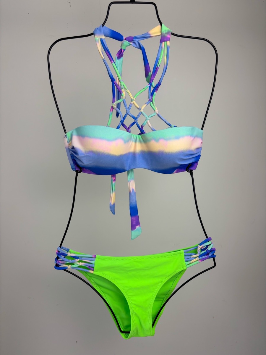 Neon Green Tie Dye Bikini Set Crochet Back Padded Bandeau Size UK 10 Festival