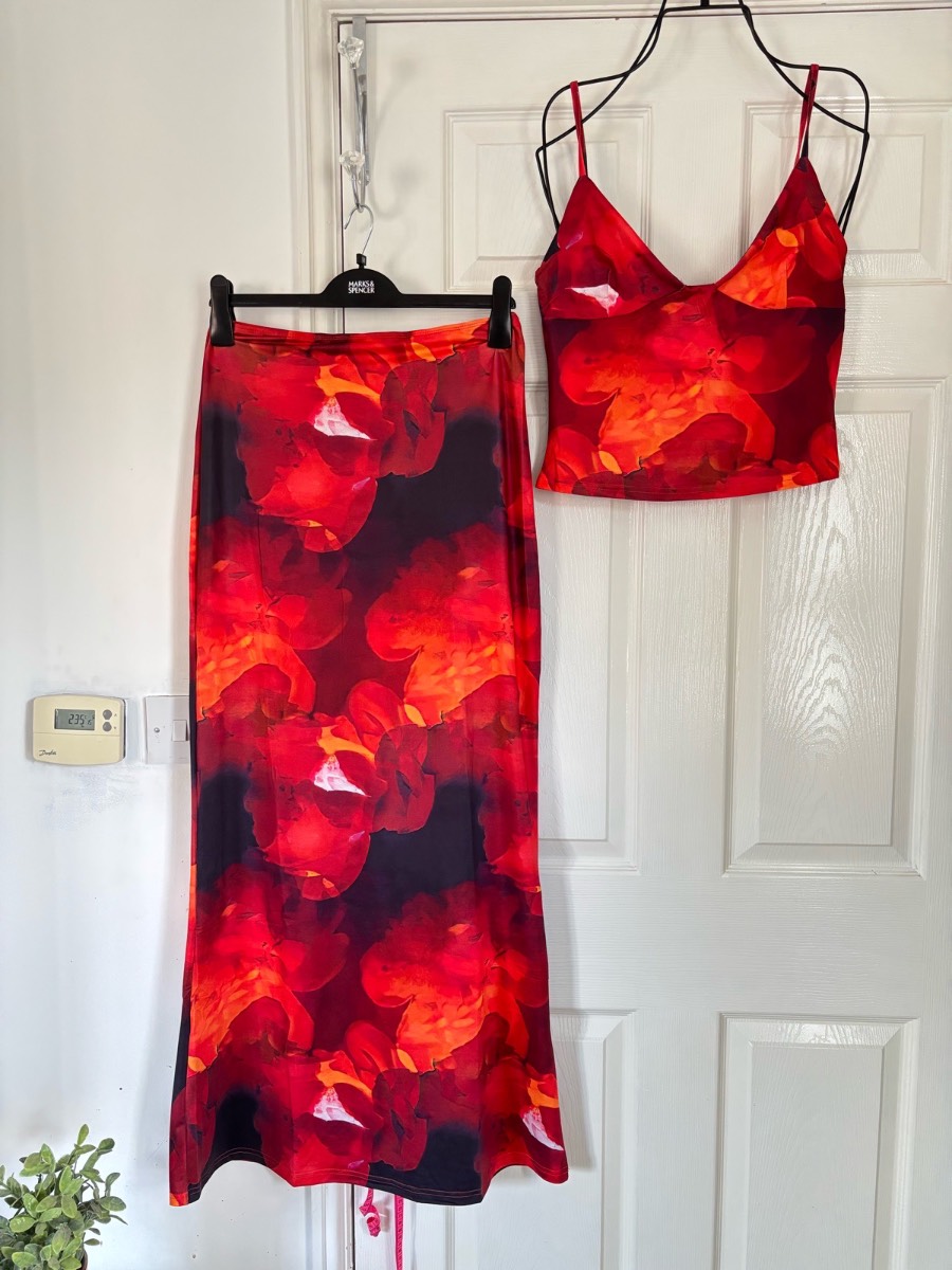 Womens 2 Piece Co-Ord Set Size L - Red Orange Abstract Floral - Cami Crop Top + Maxi Skirt - Holiday