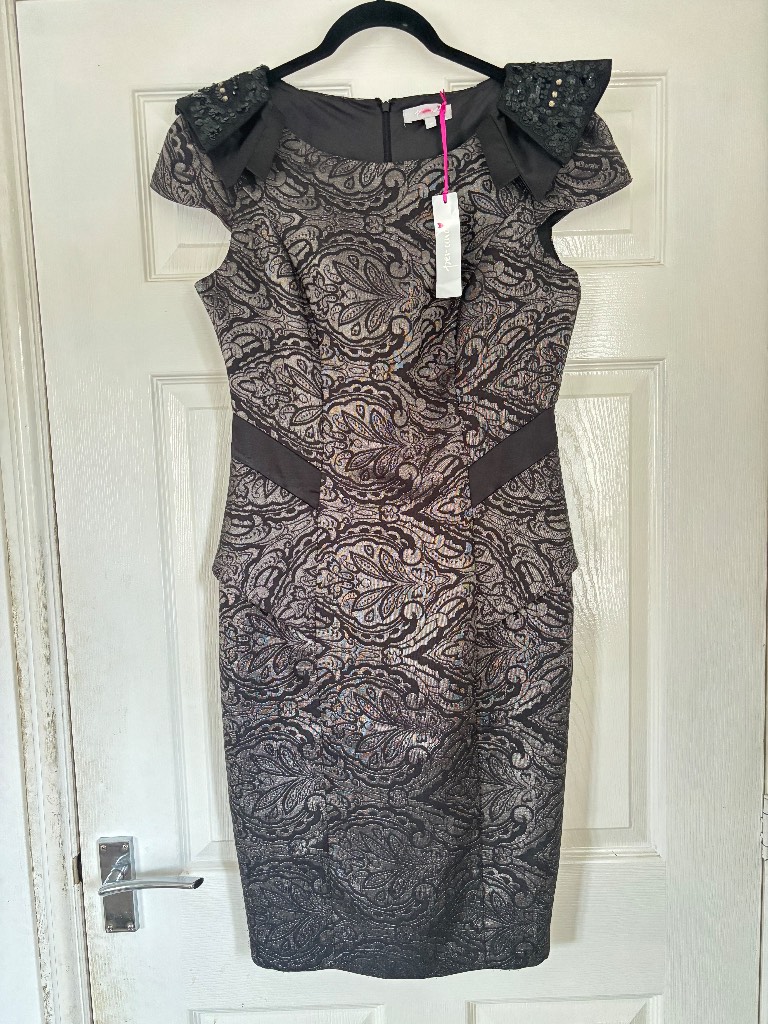 BNWT Per Una Jacquard Paisley Occasion Dress Size 10 Sequin Bow Detail