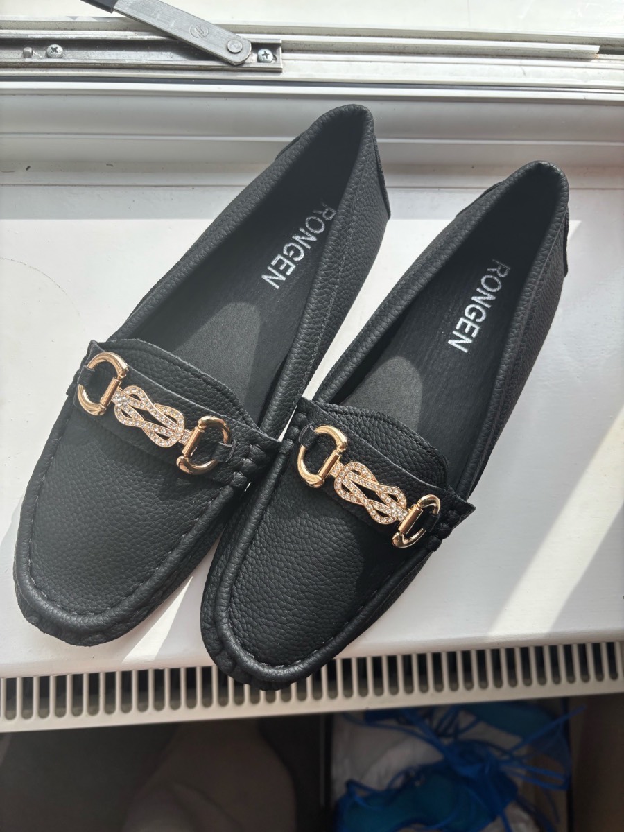 RONGEN Black Gold Buckle Loafers UK 6.5 EU 40 NEW Diamante Snaffle