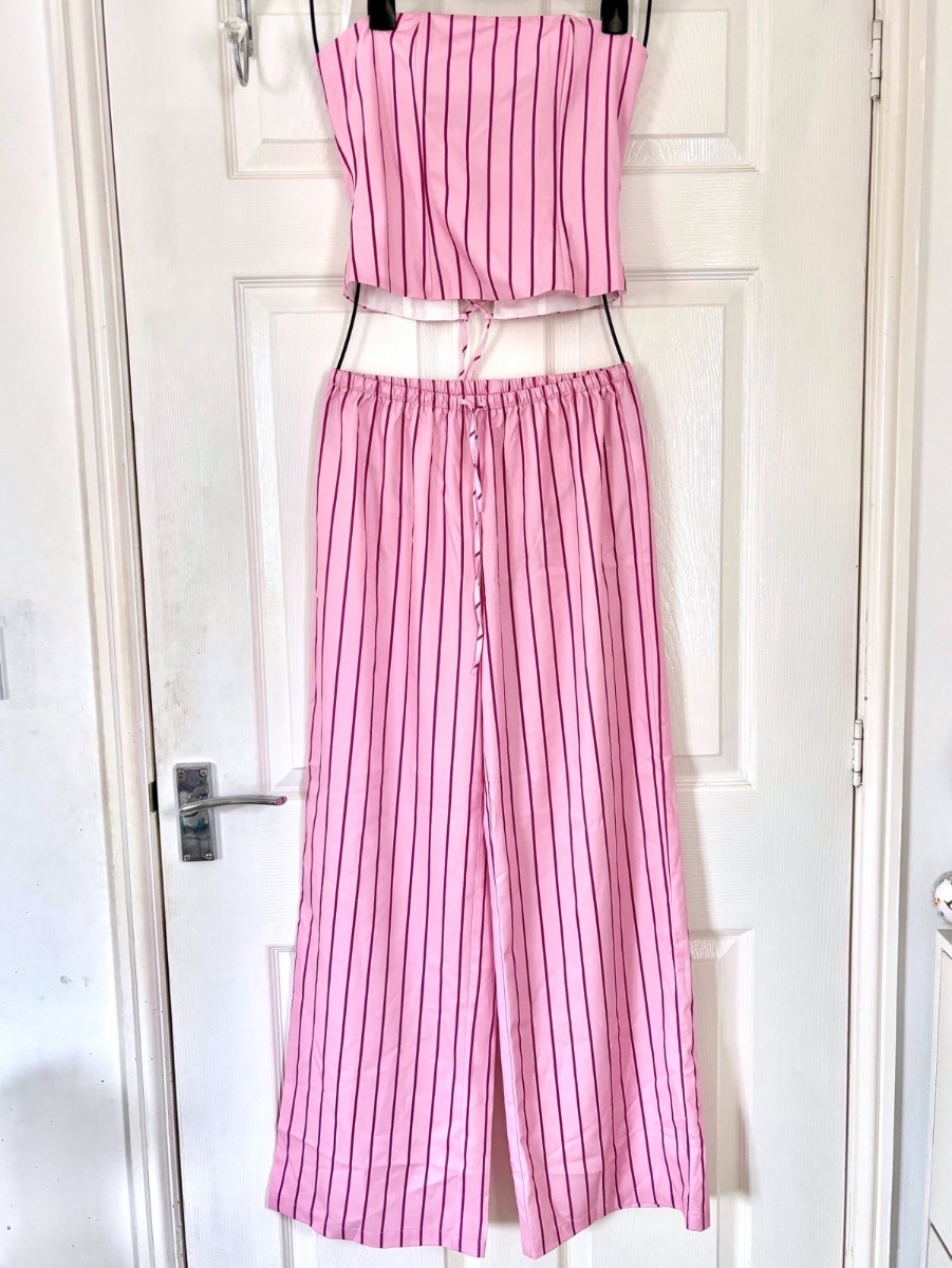 Womens 2 Piece Co-Ord Set Size XS - Pink & Burgundy Stripe - Corset Bandeau Top + Wide Leg Trousers