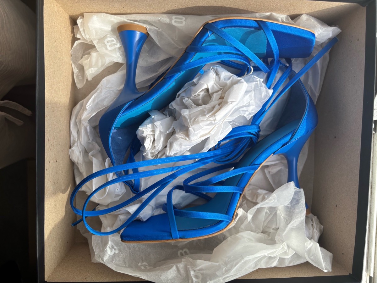 8 by YOOX Blue Satin Lace Up Heels EU 37 UK 4 Cobalt Square Toe NEW YOOX Box