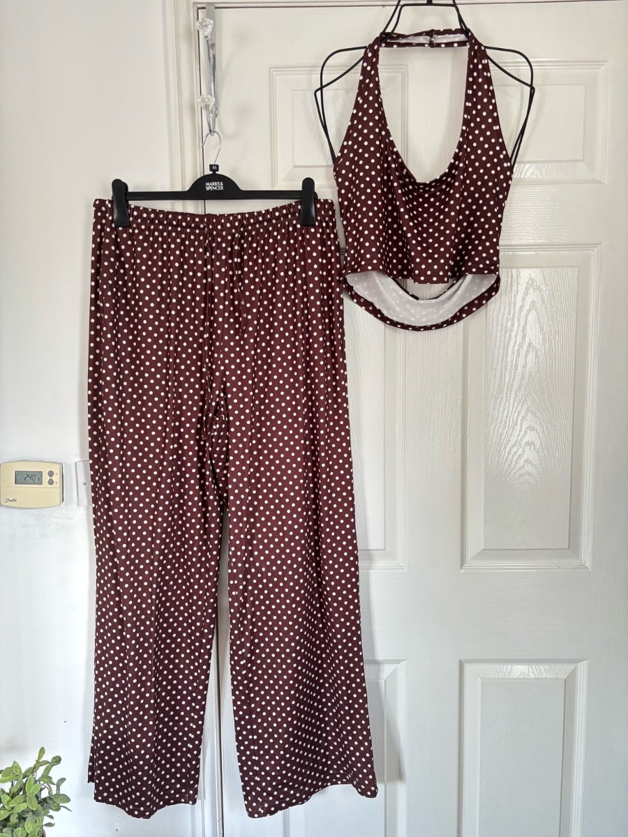 Womens 2 Piece Co-Ord Set Size XL - Chocolate Brown Polka Dot - Halter Cowl Neck Crop Top + Wide Leg