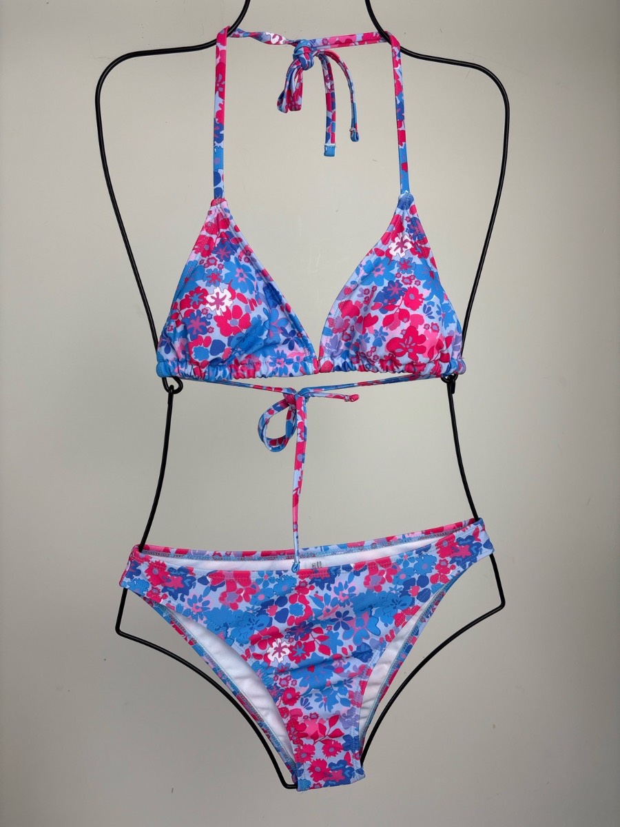 Floral Triangle Bikini Set XS Blue Pink Tie Side Holiday Swimwear BNWT