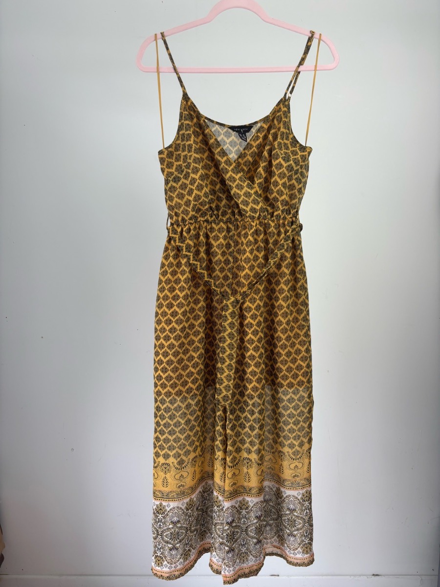 New Look Mustard Floral Print Wide Leg Jumpsuit Cami Tie Waist UK 12 Boho