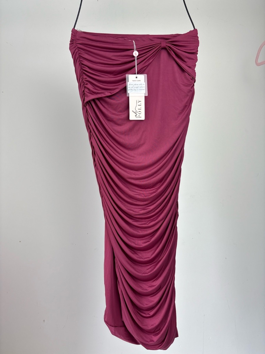 Oh Polly Ruched Midi Skirt Pink Mauve Bodycon Side Split BNWT UK 12 Occasion