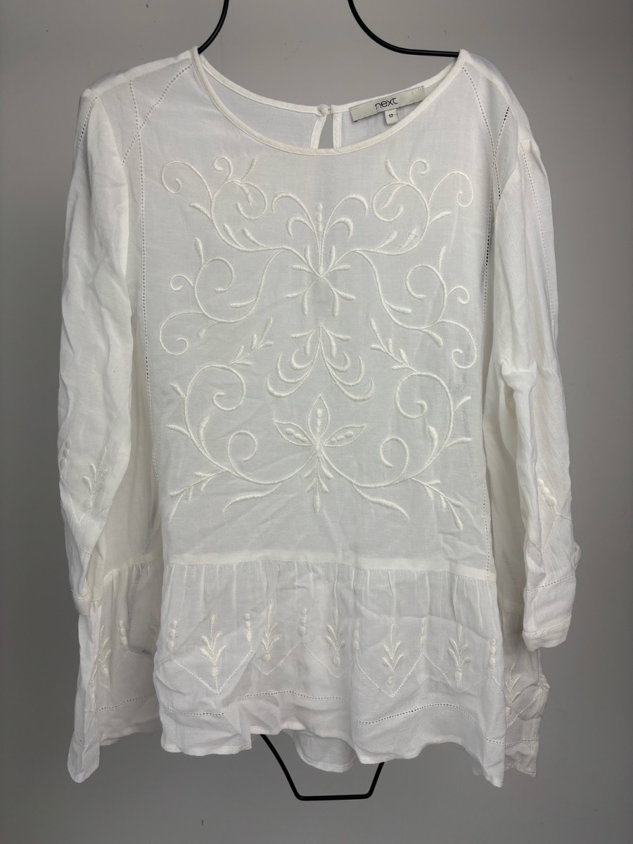Next White Embroidered Boho Blouse Top Size 12 Cotton Blend Long Sleeve