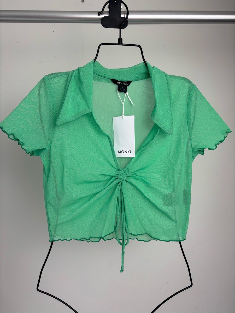 Monki Green Mesh Tie Front Collared Crop Top Sheer Y2K Festival Size S BNWT