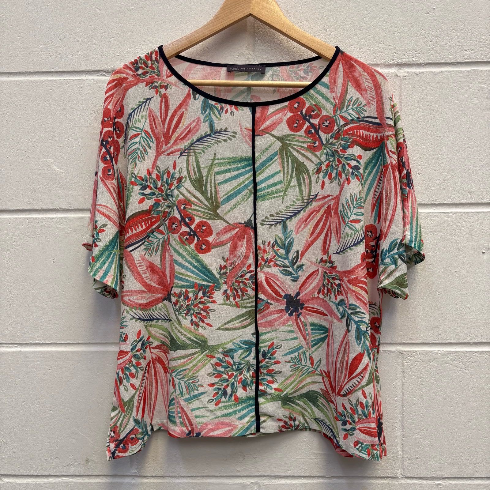 Tropical Floral Blouse M&S Collection UK 14 Botanical Print Short Sleeve Top