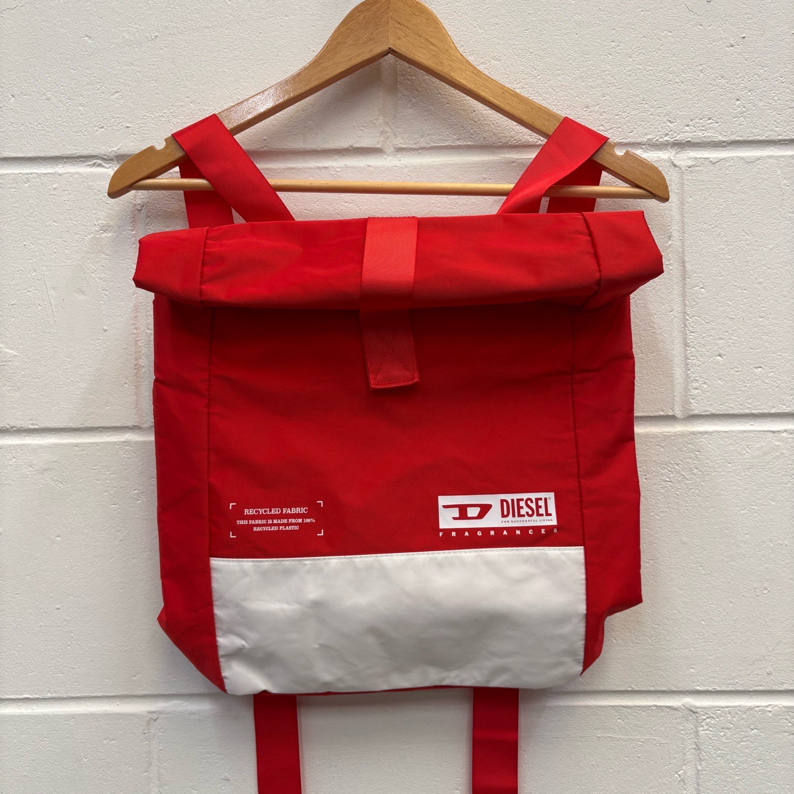 Diesel Fragrances Roll Top Backpack Red White Recycled Fabric Promo Rucksack