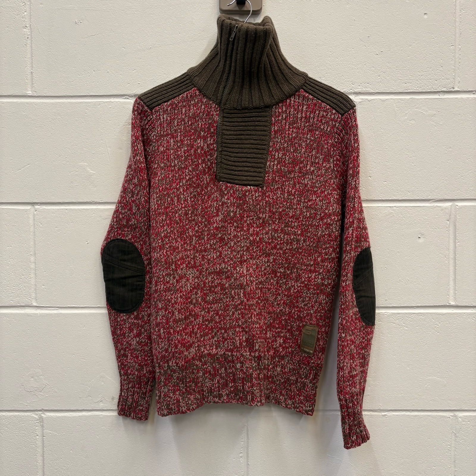 G-Star RAW Twisted 1/2 Zip Lambswool Jumper M Red Brown Knit Elbow Patches