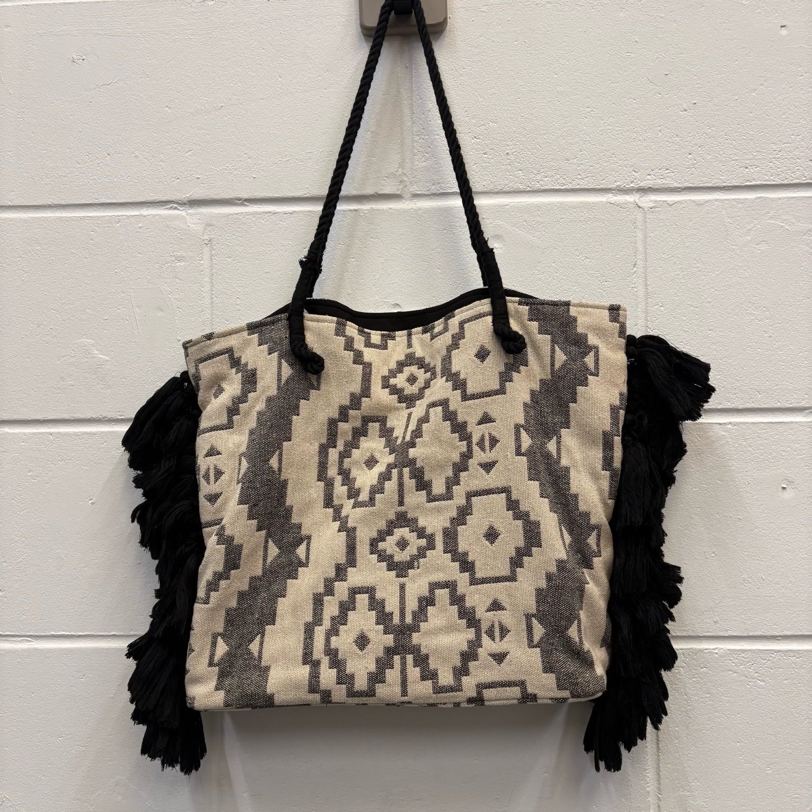 By Burin Boho Cotton Tote Bag Aztec Tribal Tassel Fringe Shoulder Black Beige