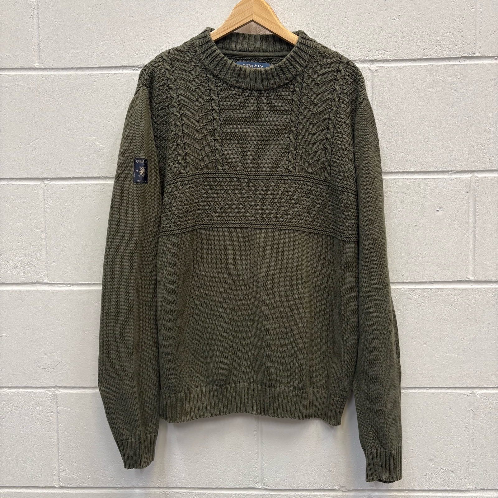 Quba & Co 100% Cotton Cable Knit Jumper Green Crew Neck 2XL Heritage Fisherman
