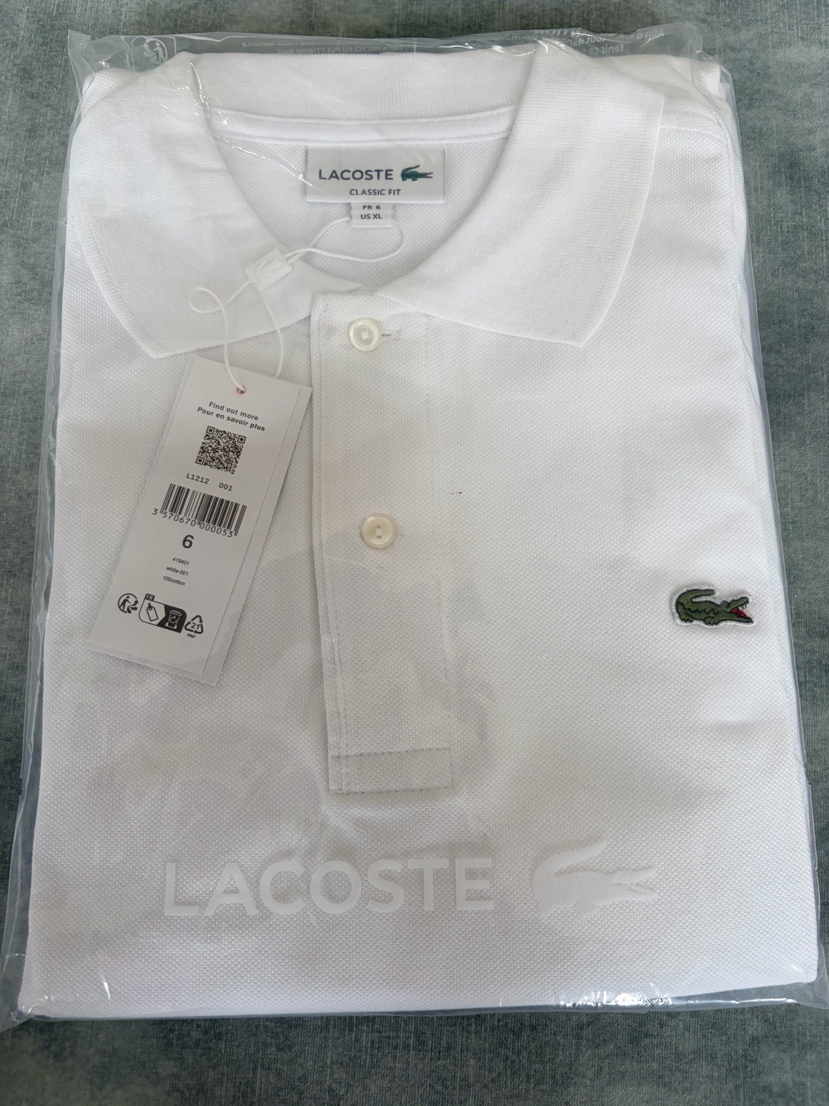 Lacoste L1212 Classic Fit White Piqué Cotton Polo Shirt Men’s XL