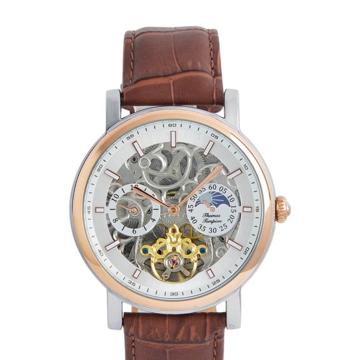 Thomas Tompion TT-4221 Moon Phase Automatic Watch Brown Leather Strap 42mm