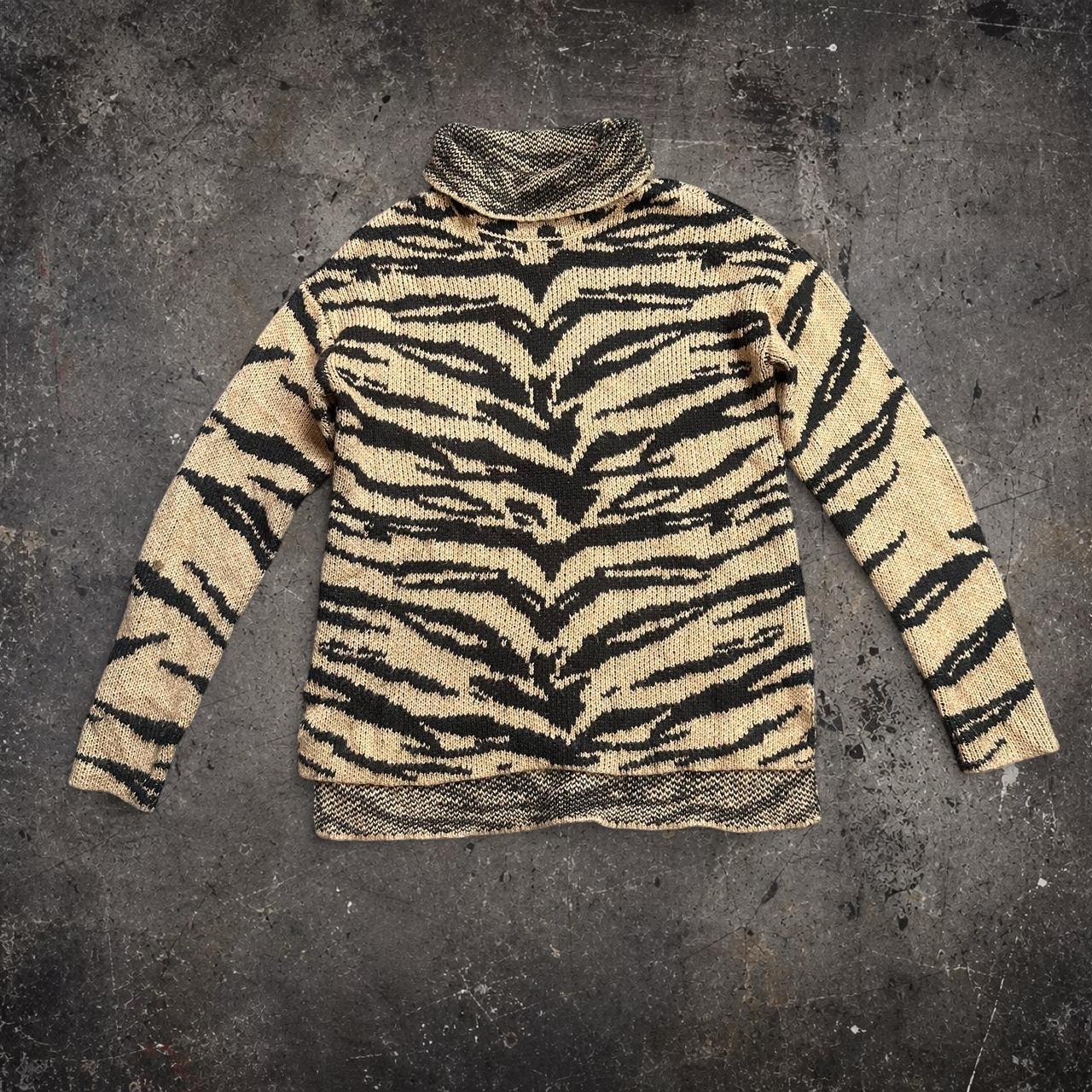 DKNY Tiger Print Rollneck Jumper XXS Beige Black Animal Y2K Knit