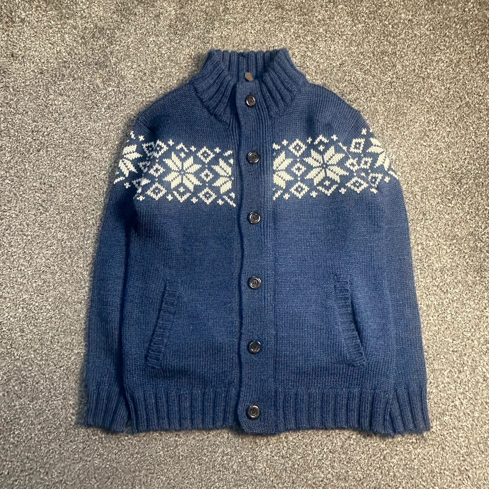 Woolovers Fair Isle Knit Cardigan Navy Blue Snowflake Button Up