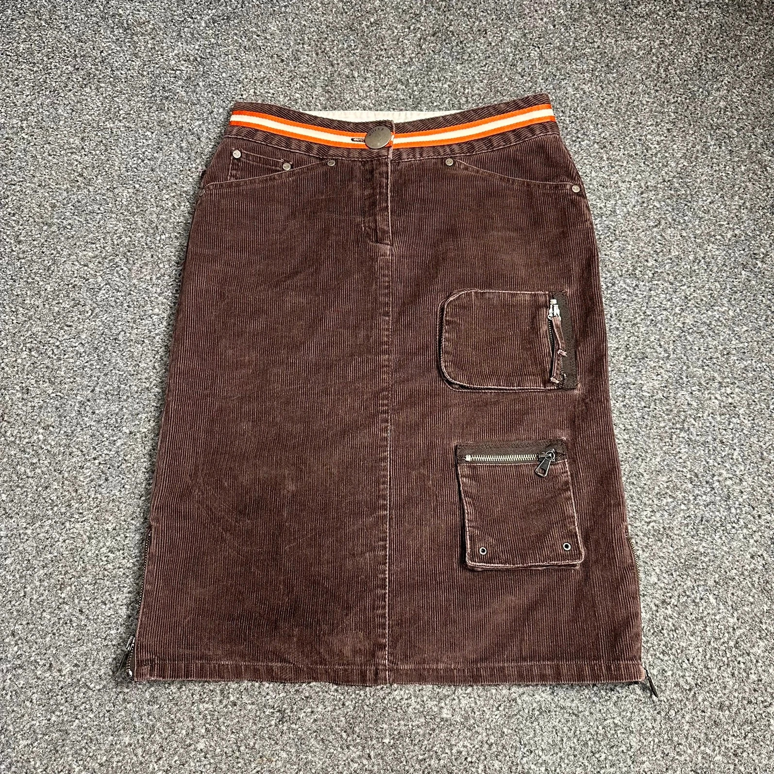 Y2K Brown Corduroy Cargo Midi Skirt Zip Pockets Orange Stripe