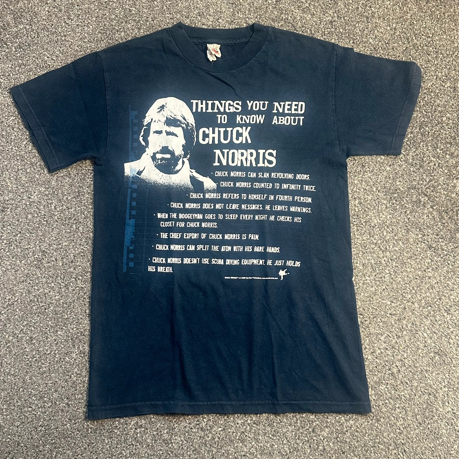 Vintage Chuck Norris Graphic Tee Navy Y2K Novelty Meme Shirt S/M