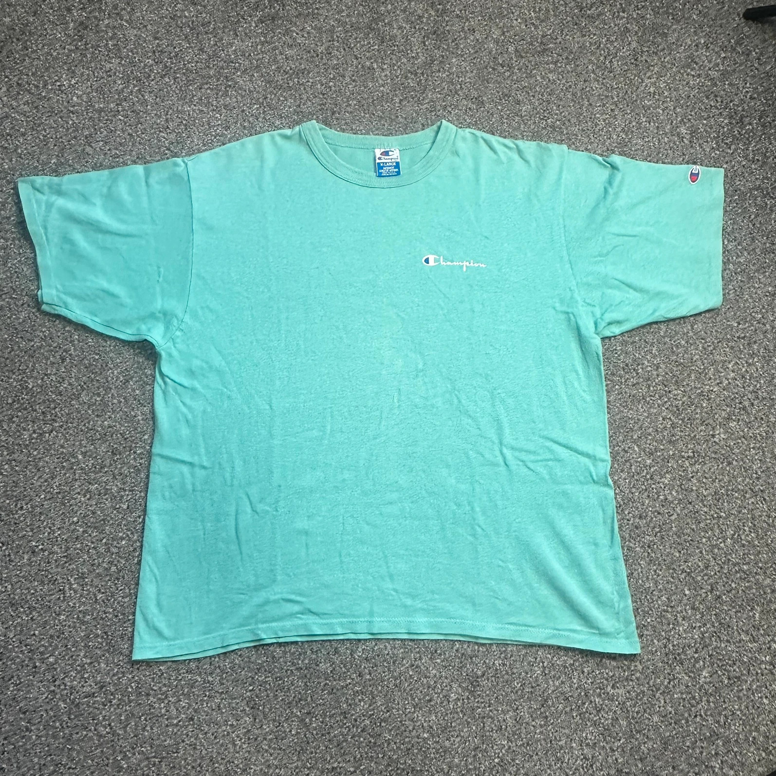 Champion Script Embroidered T-Shirt Mint Green M/L Vintage