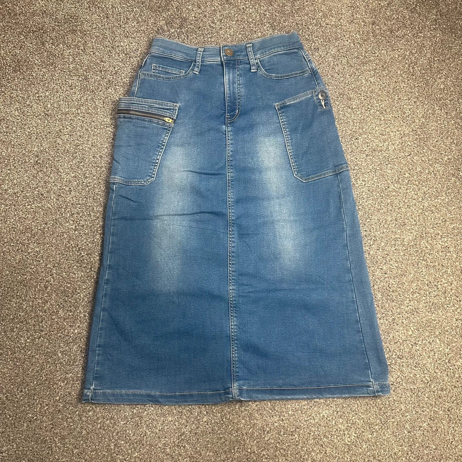 Blue Denim Midi Skirt Patch Pockets Zip Detail Y2K Style