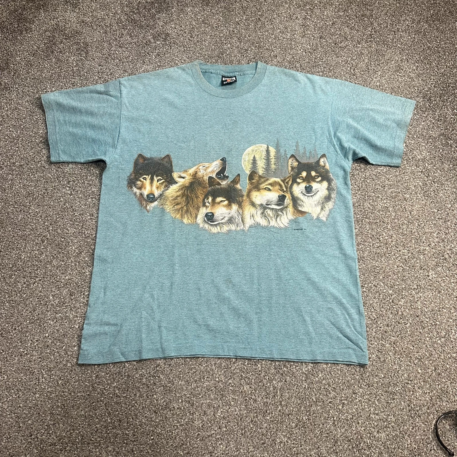 Vintage 90s Wolf Pack Graphic Tee Slate Blue Nature Print
