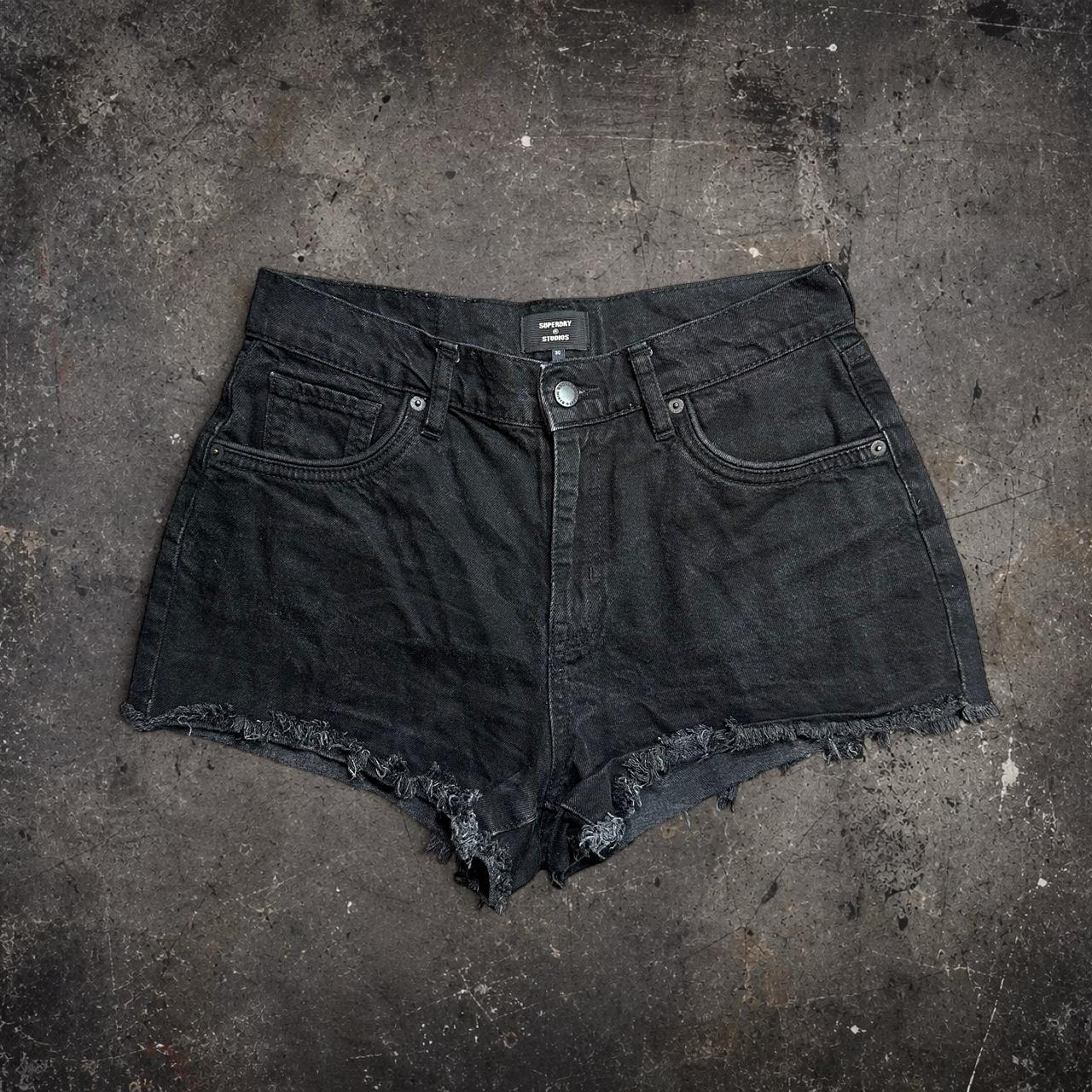 Superdry Black Frayed Denim Cut-Off Shorts Size 30