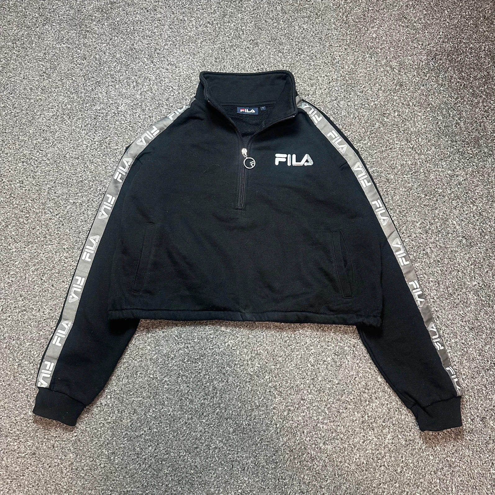 Fila Black Cropped Quarter-Zip Sweatshirt Silver Tape Logo Sleeves