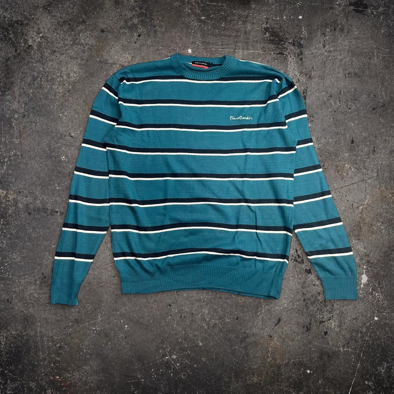 Pierre Cardin Striped Knit Jumper Teal Navy Vintage Crewneck