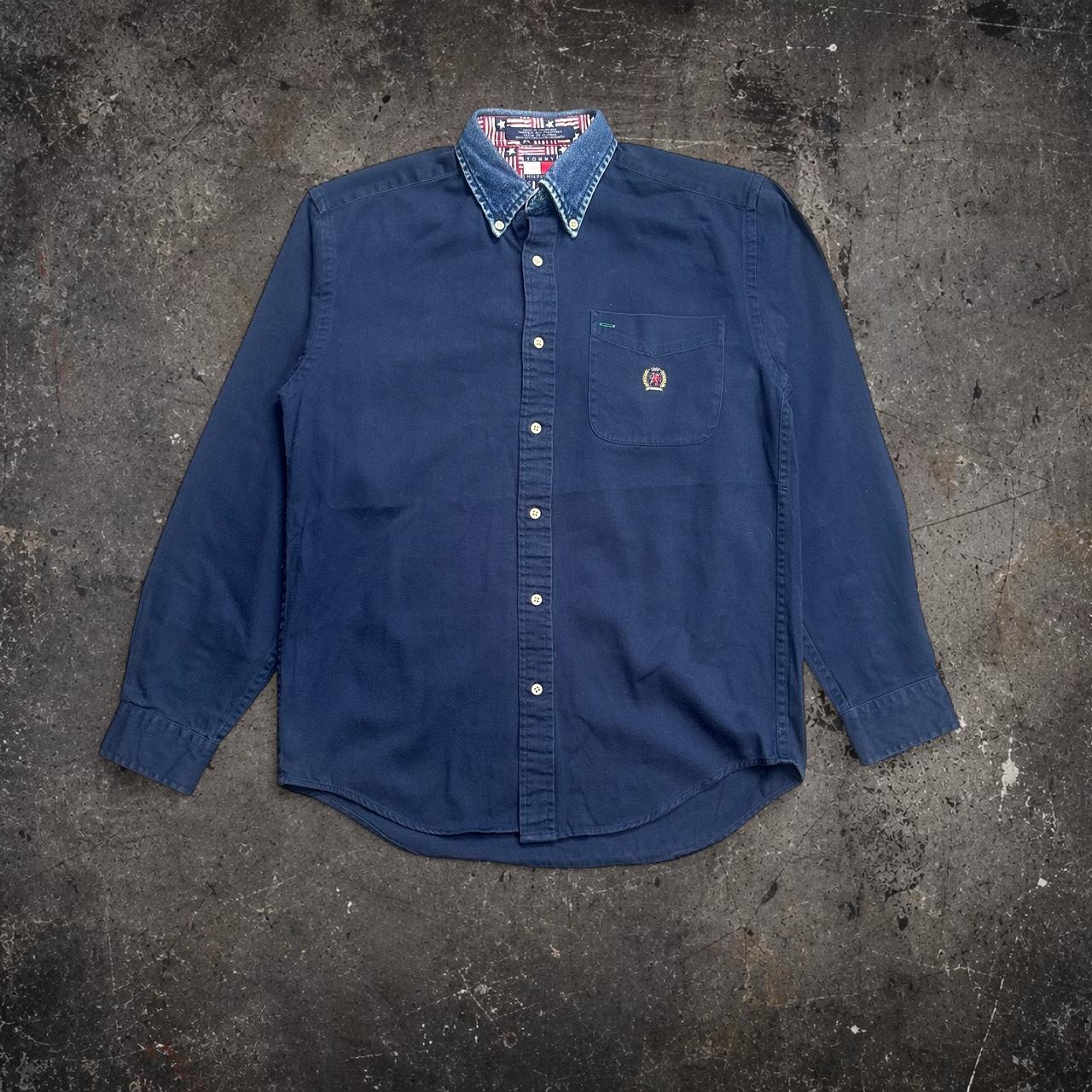Vintage Tommy Hilfiger Navy Shirt Denim Collar Crest Logo 90s L/M