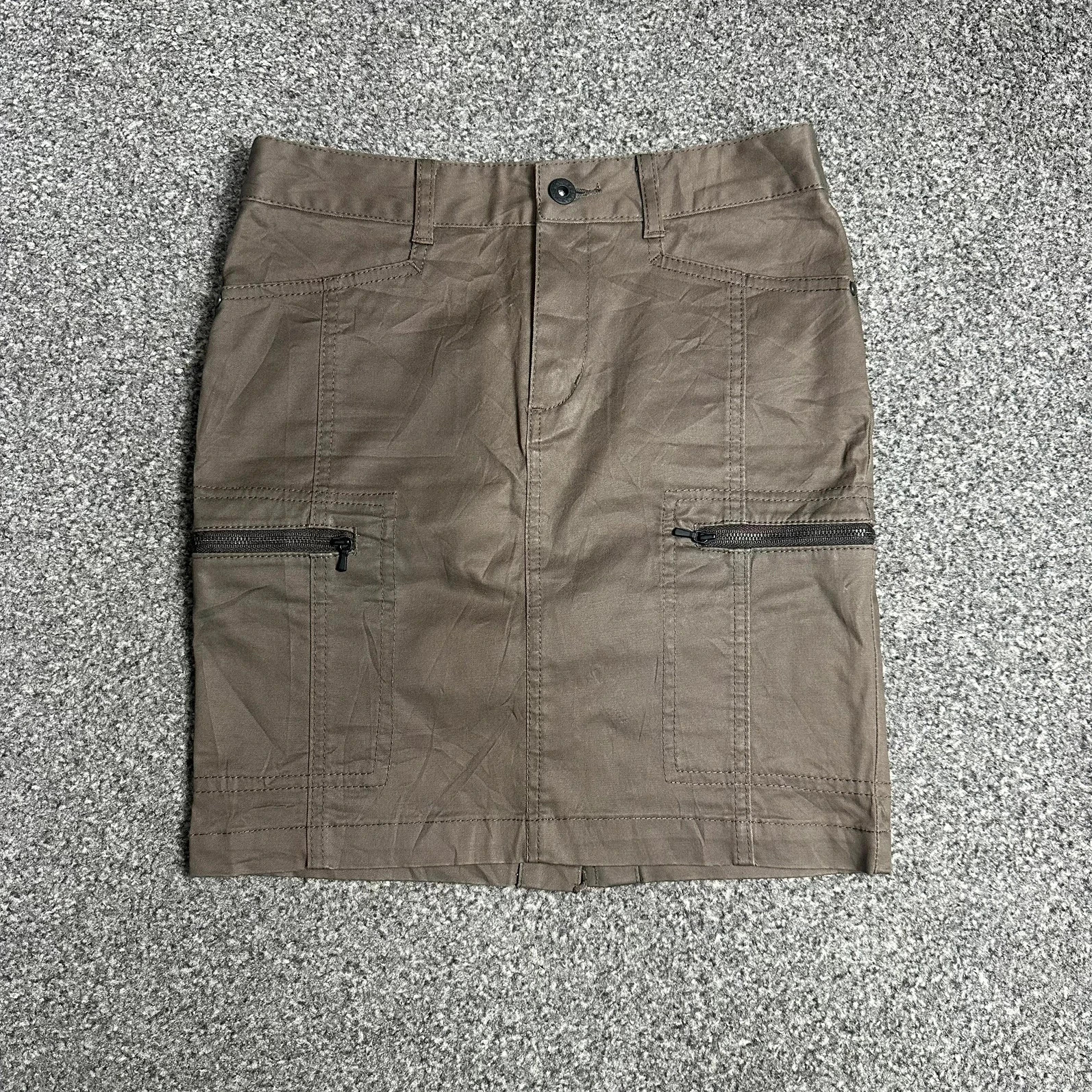 Khaki cargo mini skirt zip pockets Y2K utility streetwear