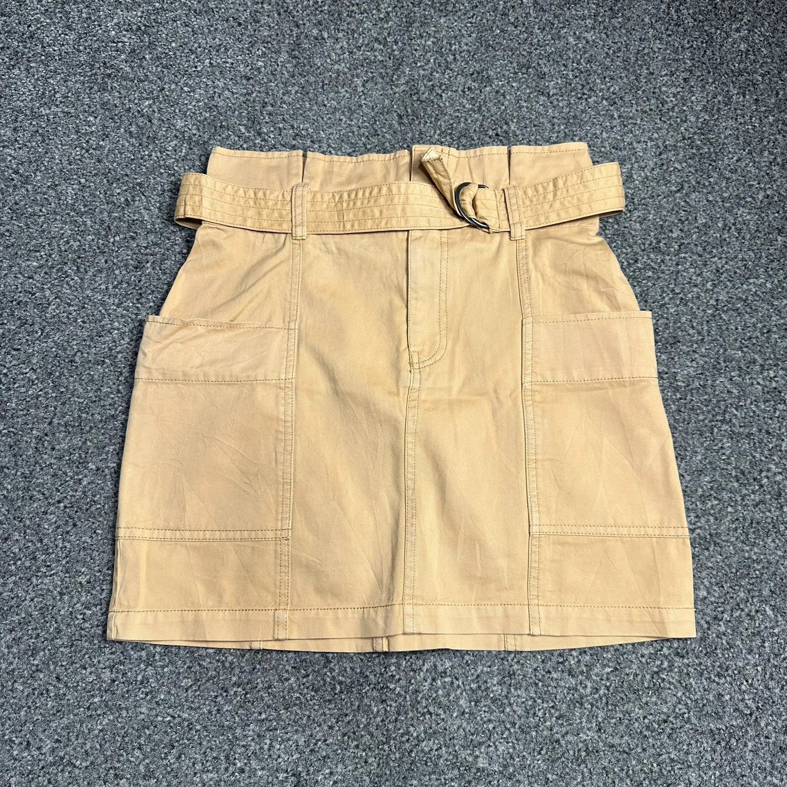 Khaki corduroy belted mini skirt utility D-ring pocket