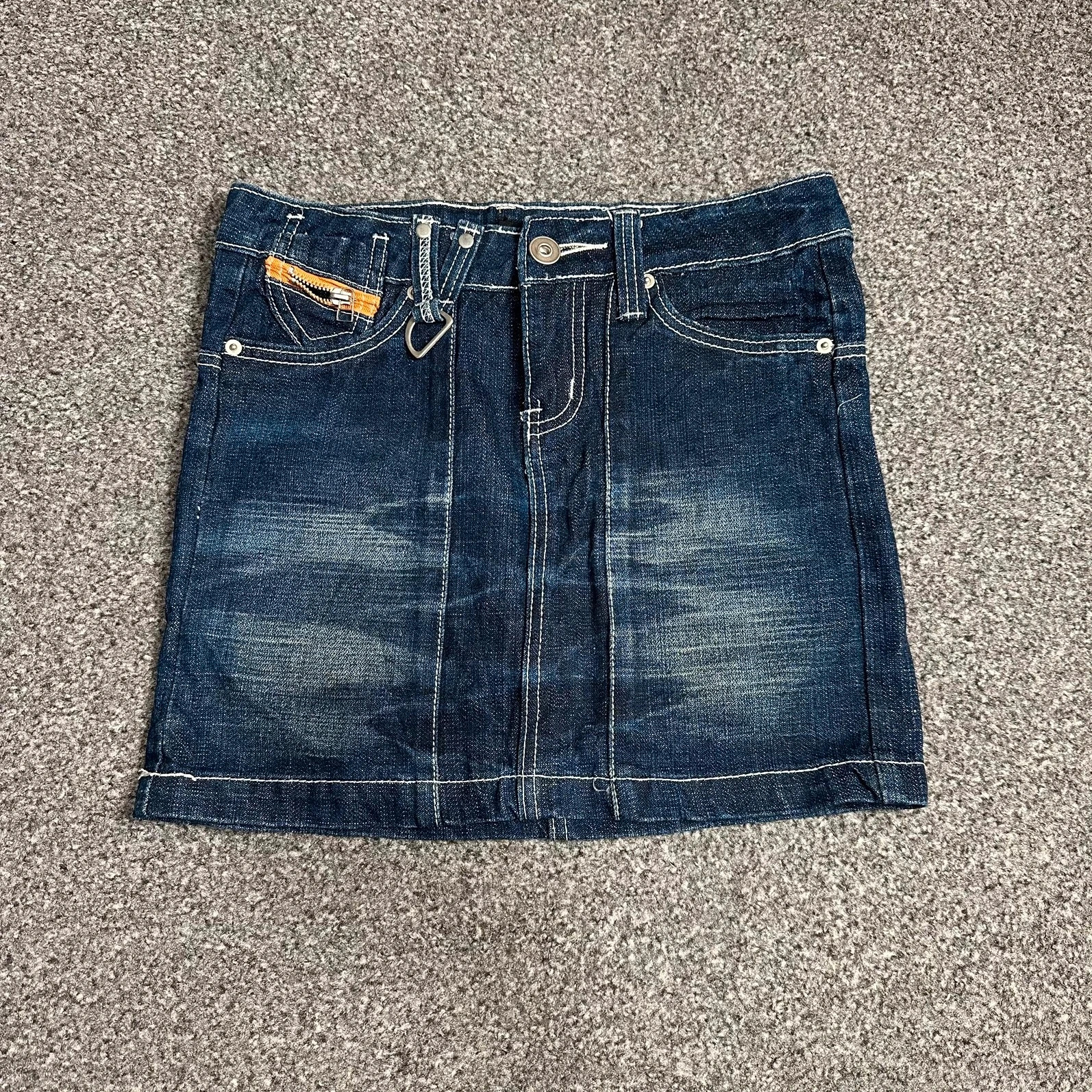 Dark Wash Denim Mini Skirt Y2K Vintage White Stitch