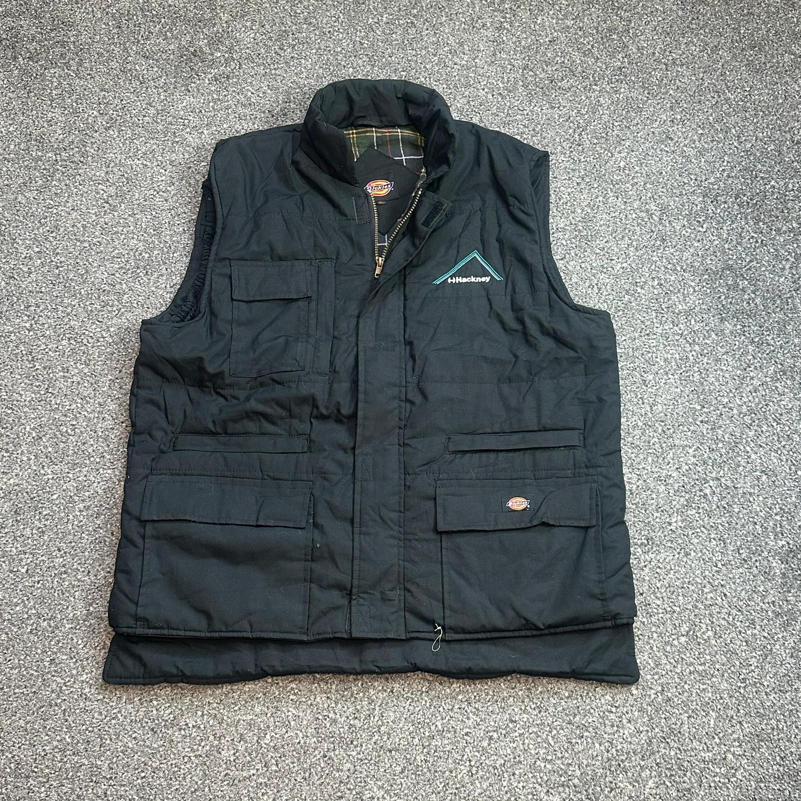 Dickies Black Padded Gilet Bodywarmer Multi-Pocket Tartan Lining