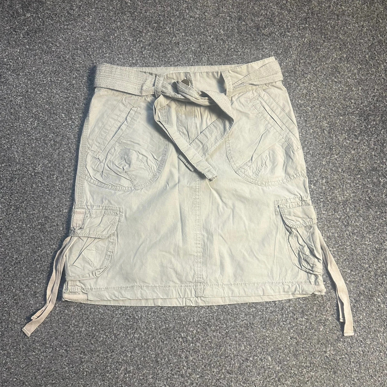 Beige cargo mini skirt with belt Y2K utility style multi pocket