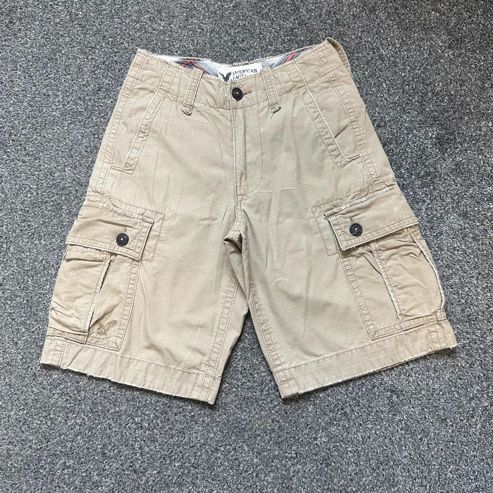 Beige Cargo Shorts Japanese Workwear Style Raw Hem Multi-Pocket