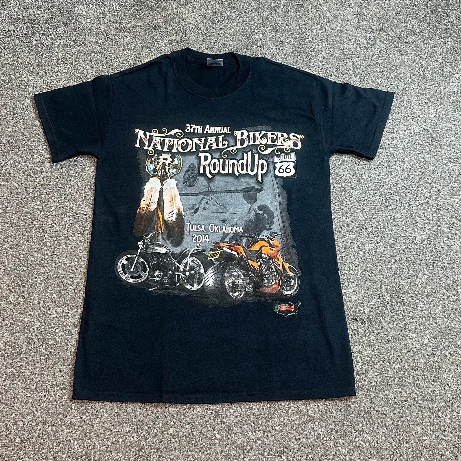 Vintage 2014 National Bikers RoundUp Route 66 Graphic Tee Black S
