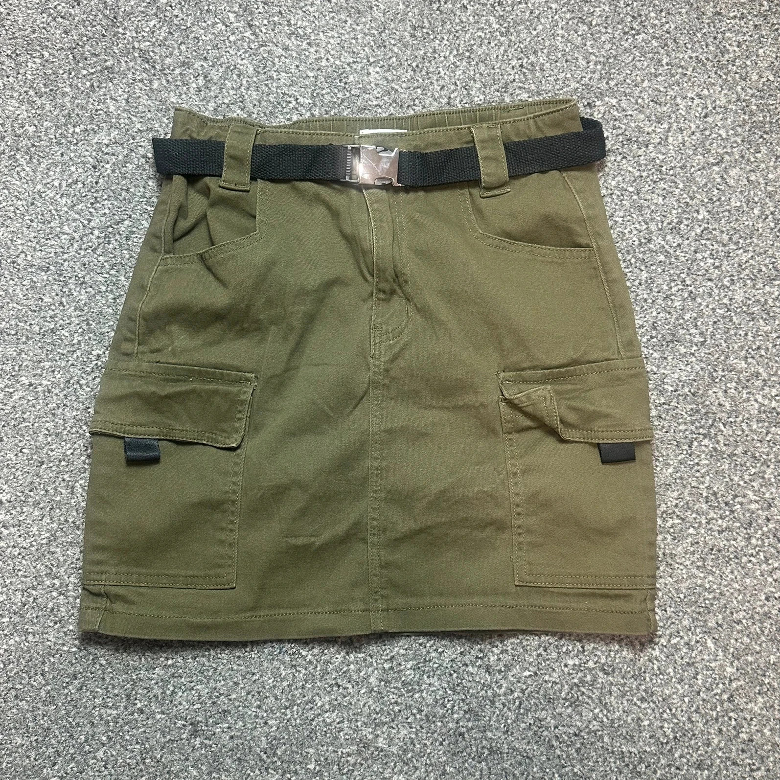 Khaki Green Cargo Mini Skirt with Belt - Y2K Utility Style