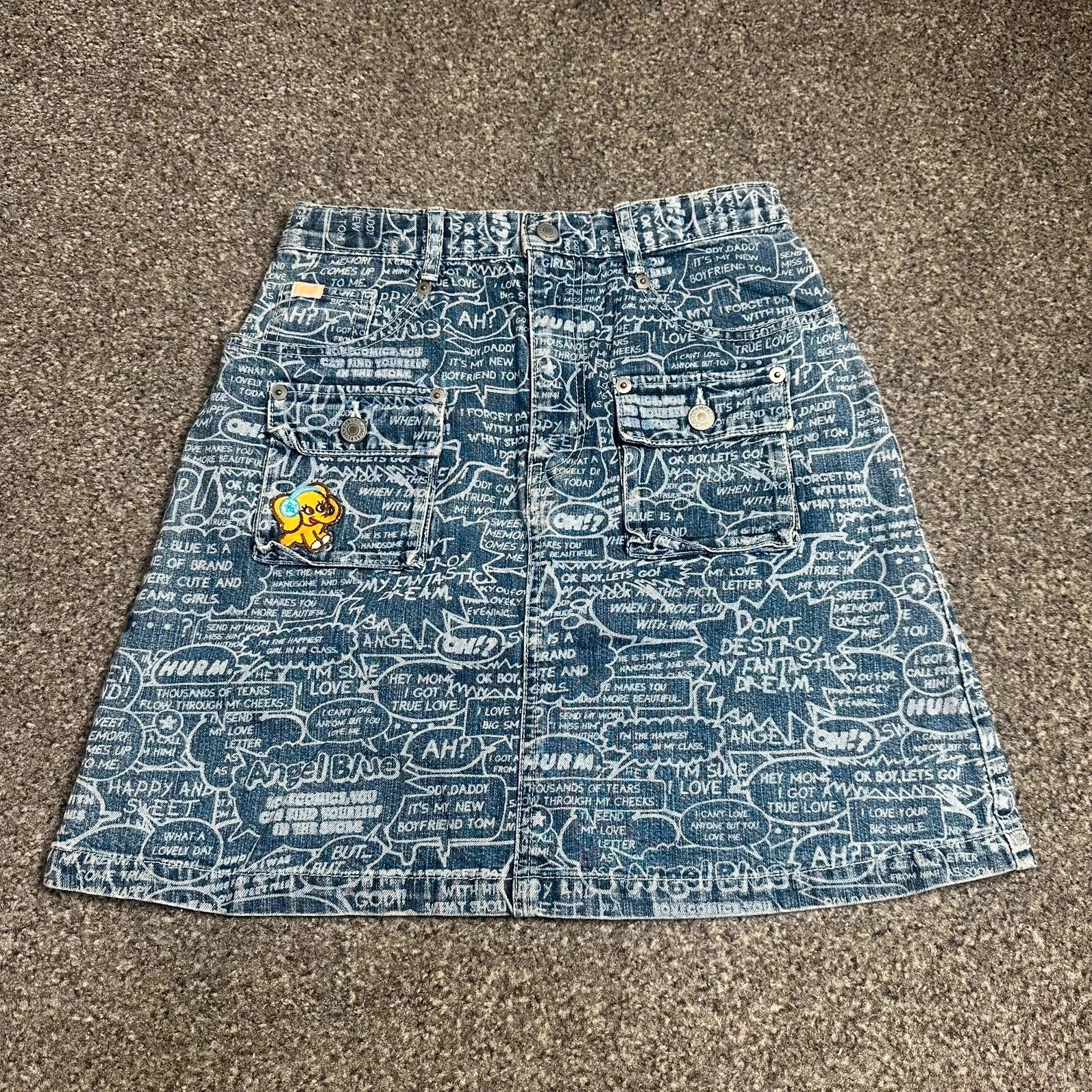 Angel Blue Graffiti Denim Mini Skirt Y2K Kawaii Comic Print