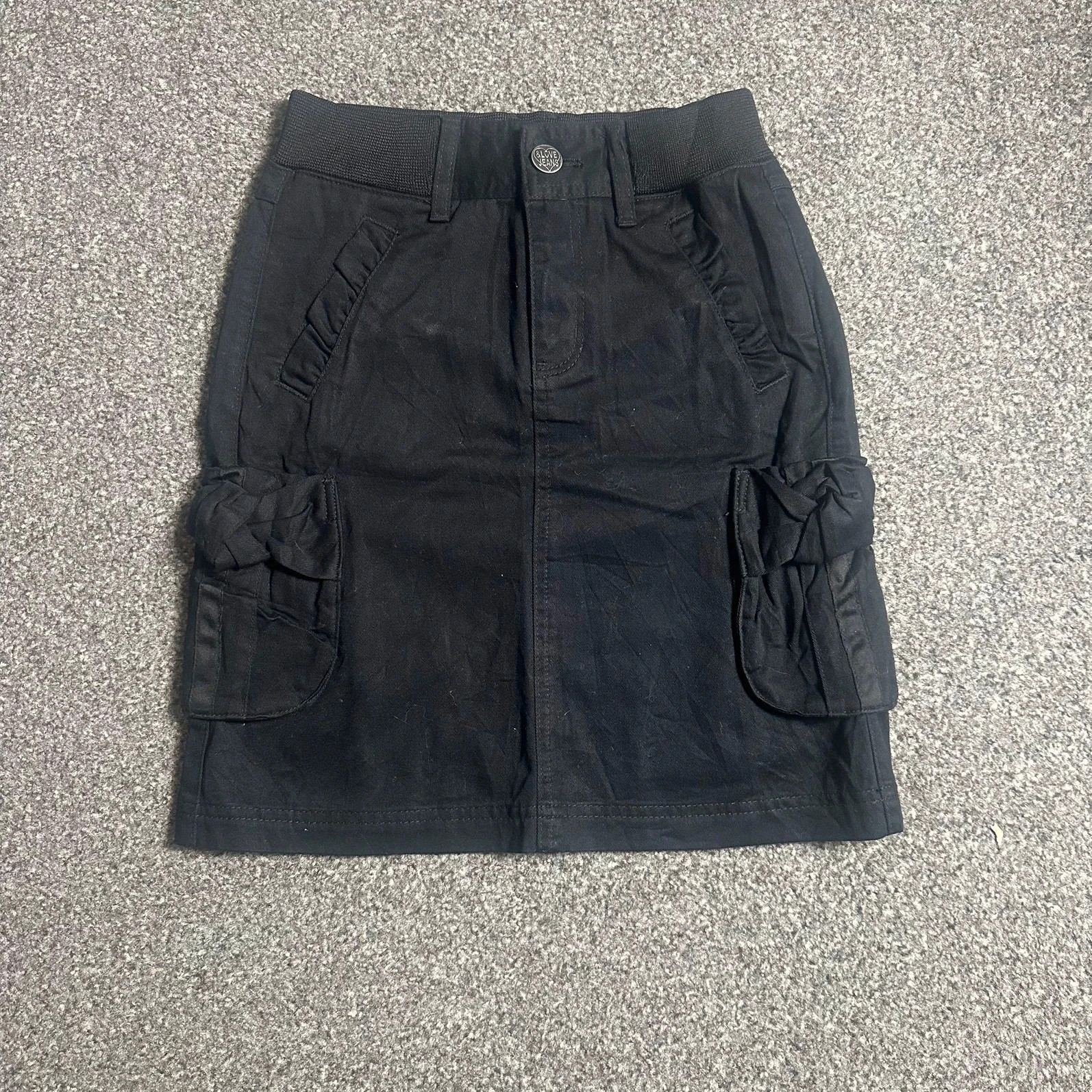 Black cargo mini skirt ruffle pockets Y2K utility style