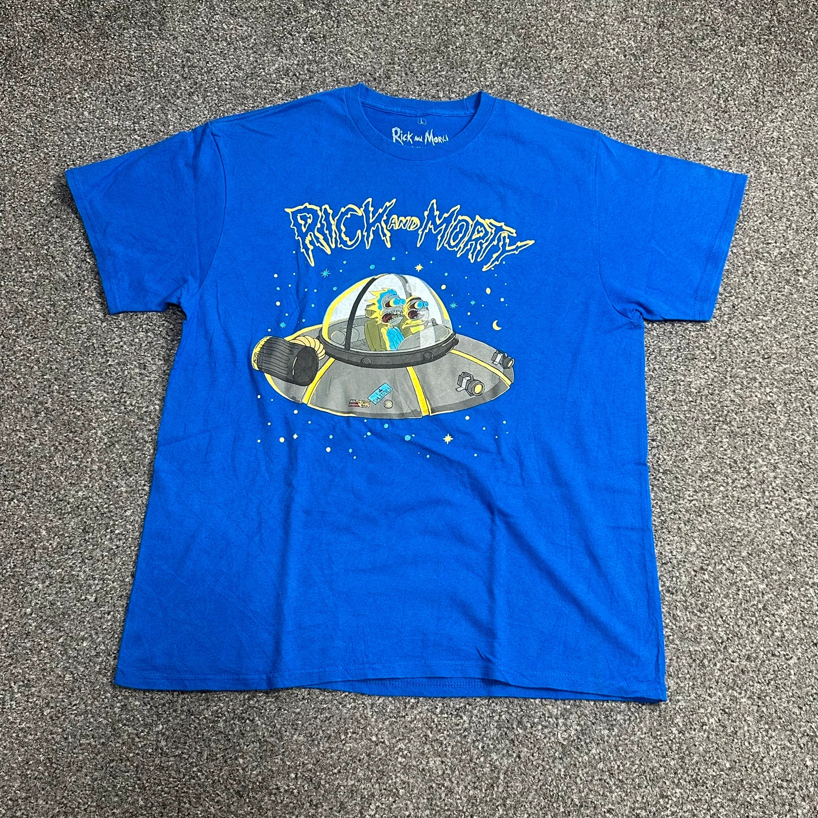 Rick and Morty Official Graphic T-Shirt Blue Spaceship Tee Size L