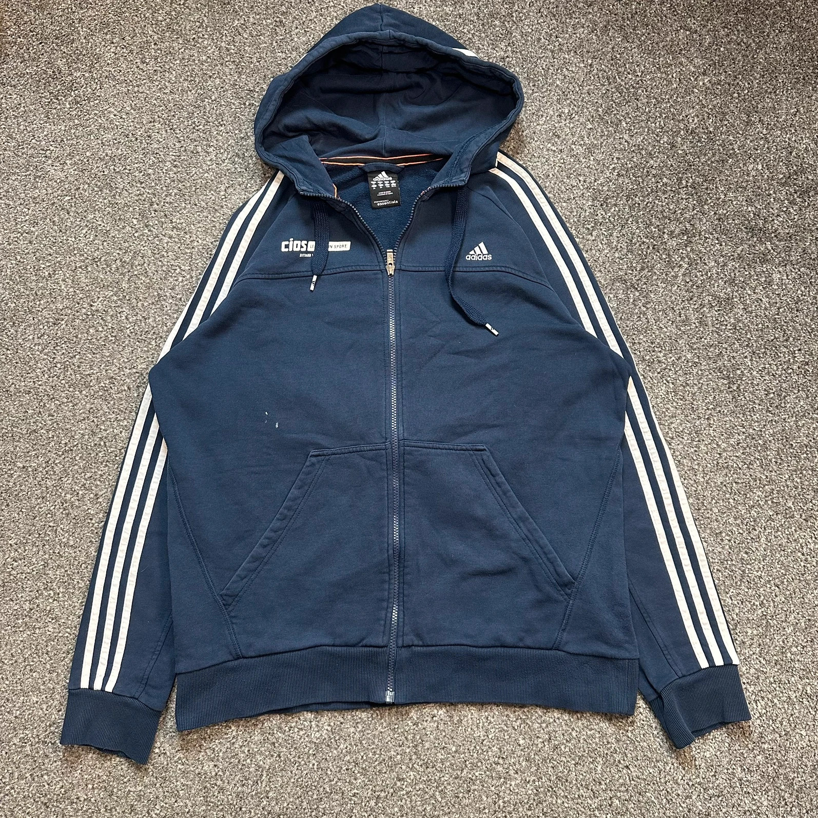 Adidas Navy Full Zip Hoodie 3 Stripe Cotton Casual Sportswear