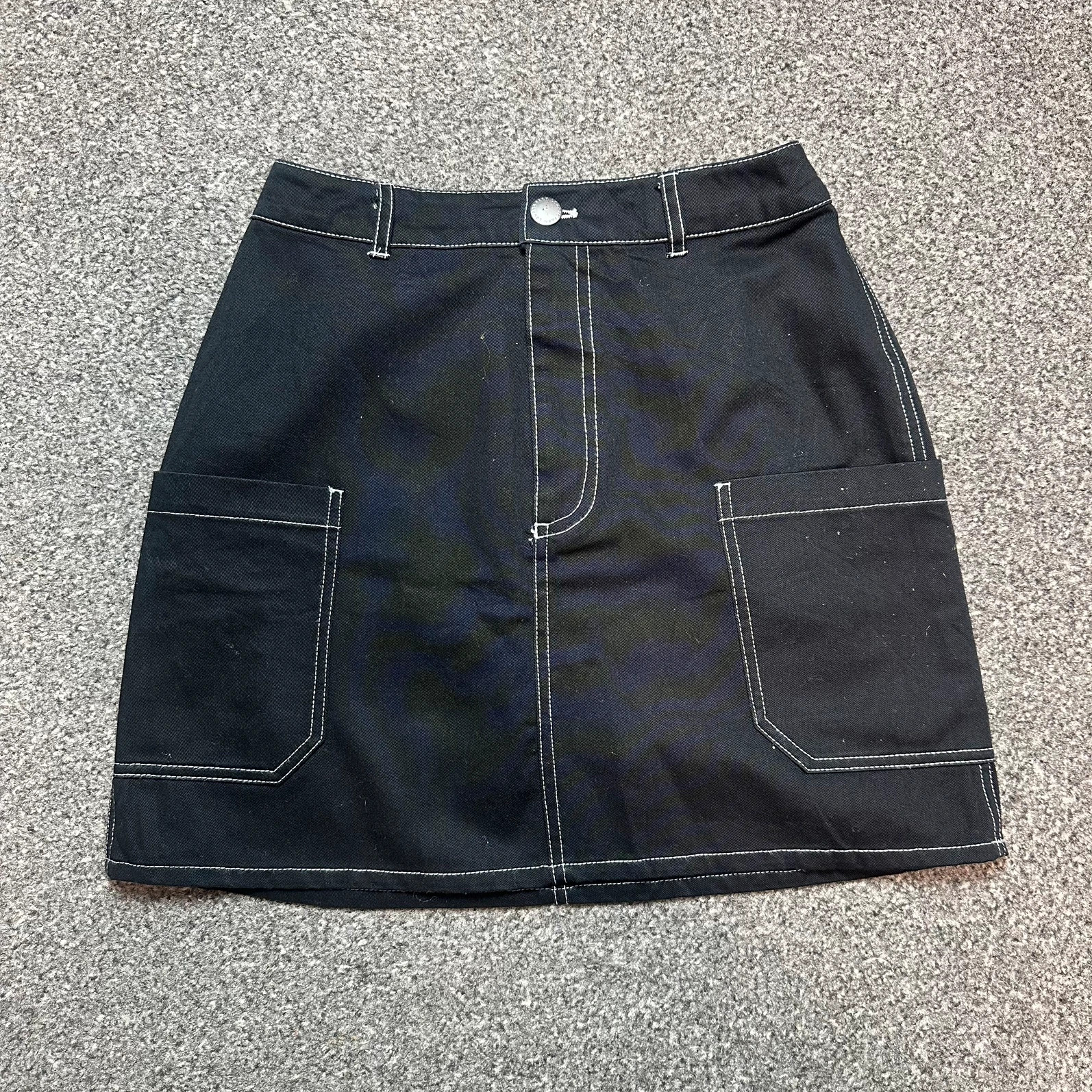 Black denim mini skirt contrast stitch patch pockets Y2K utility