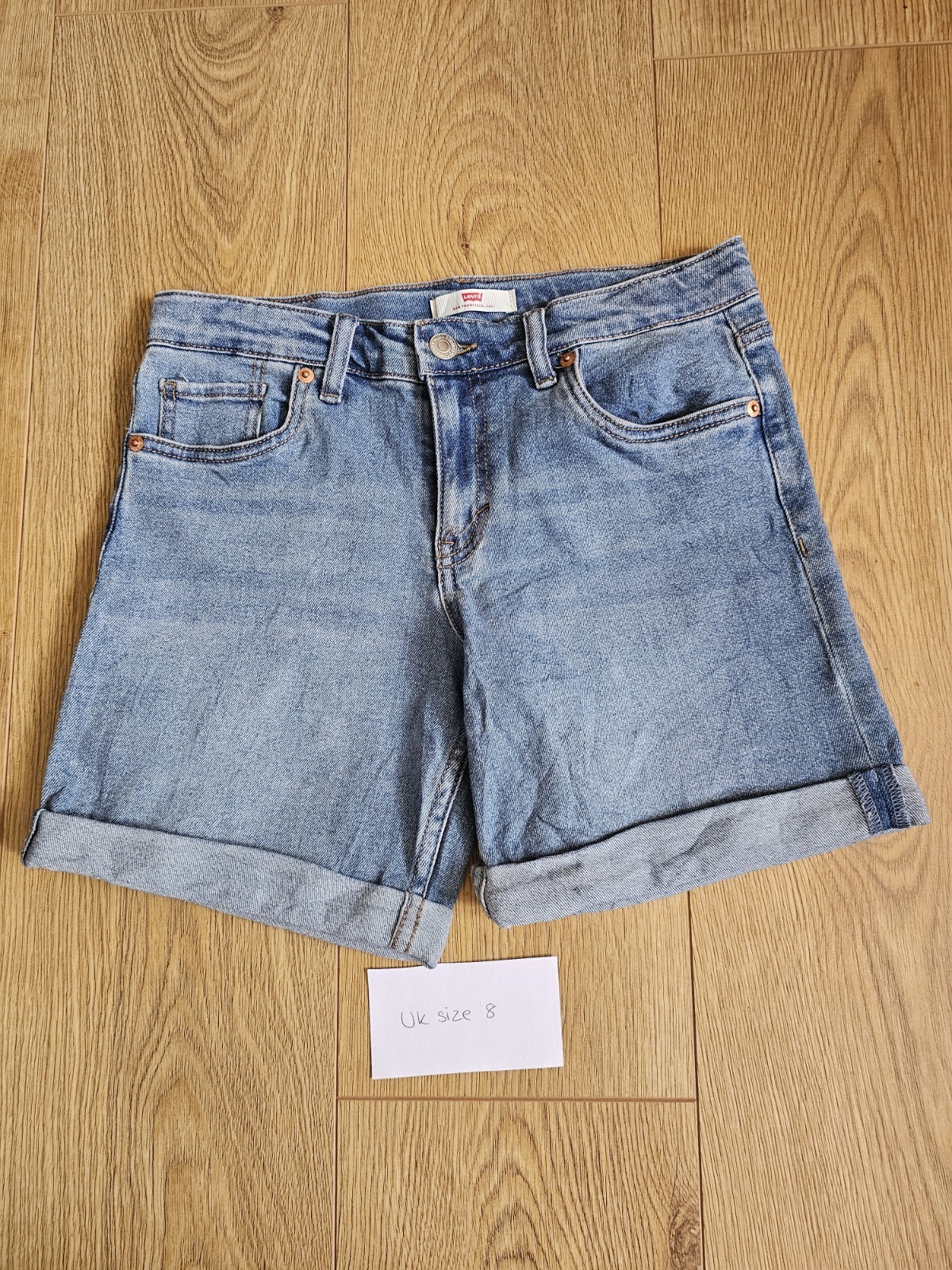 Levi's Mid Blue Denim Turnpike Shorts UK 8 Adjustable Waist Turn Up Hem