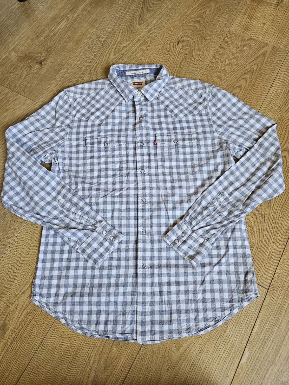 Levis Mens Shirt Medium Slim Fit Grey White Plaid Gingham Pearl Snap